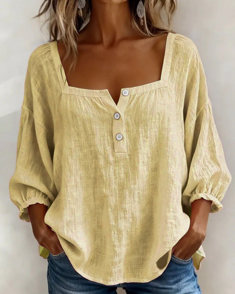 Linnen Blouse met Vierkante Hals