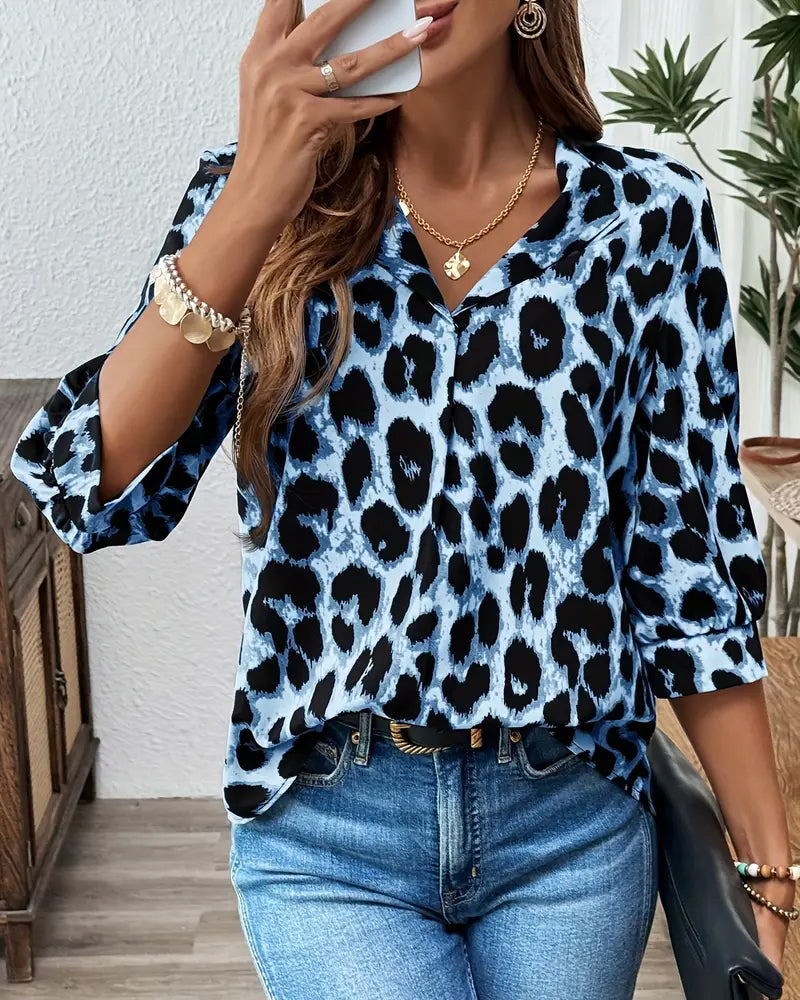 Luipaardprint Blouse met Halflange Mouwen