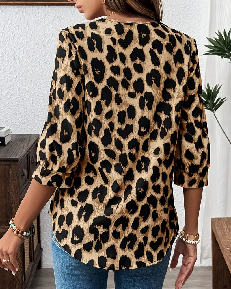 Luipaardprint Blouse met Halflange Mouwen