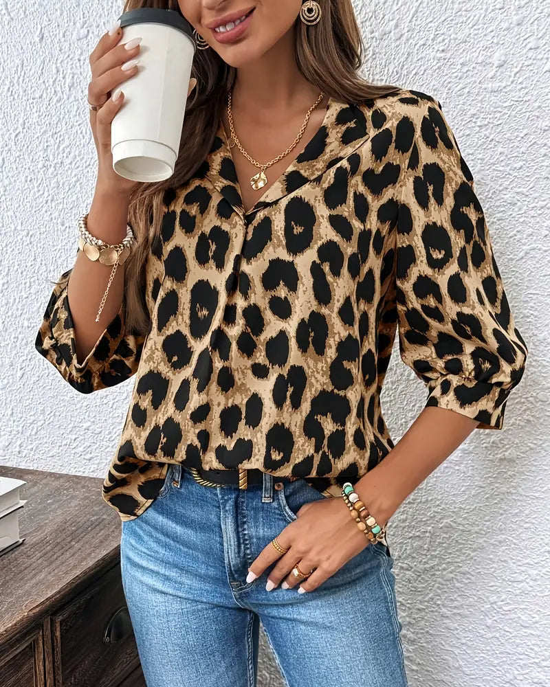 Luipaardprint Blouse met Halflange Mouwen