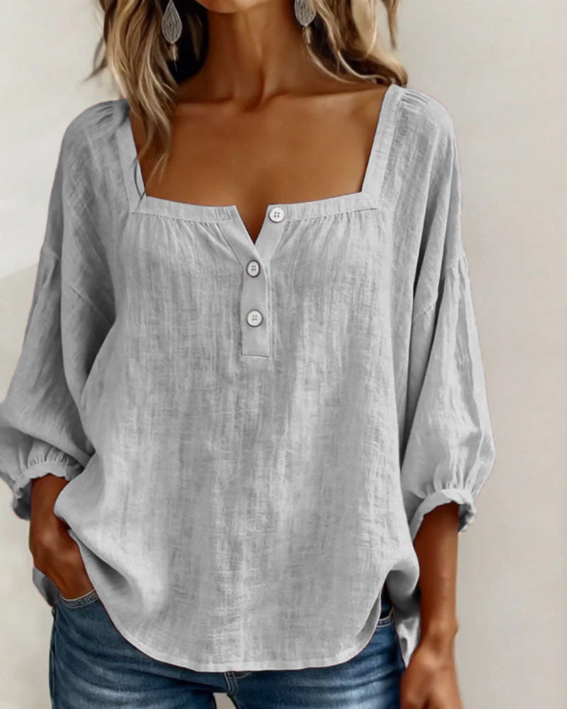 Linnen Blouse met Vierkante Hals