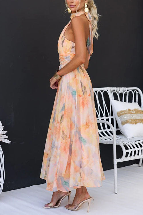 Lotte™ | Lange Jurk met Aquarelprint en Halternek