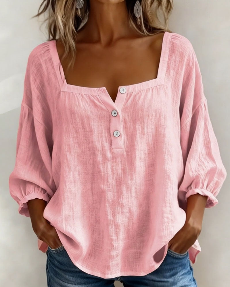 Linnen Blouse met Vierkante Hals