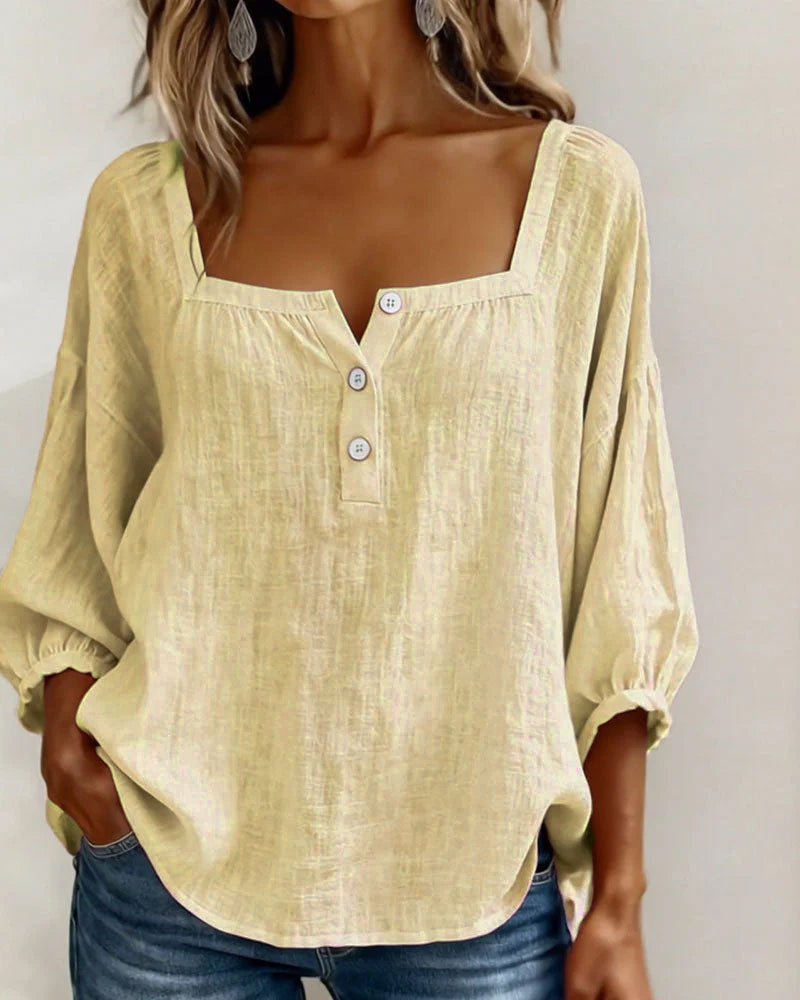 Linnen Blouse met Vierkante Hals