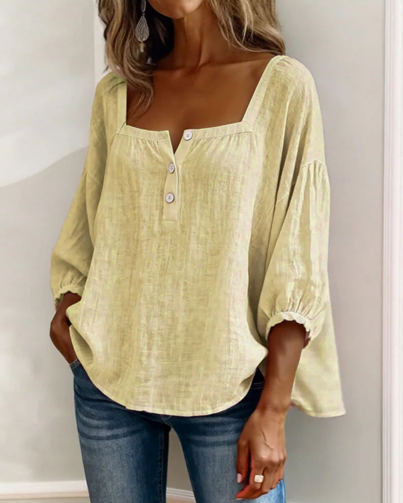 Linnen Blouse met Vierkante Hals