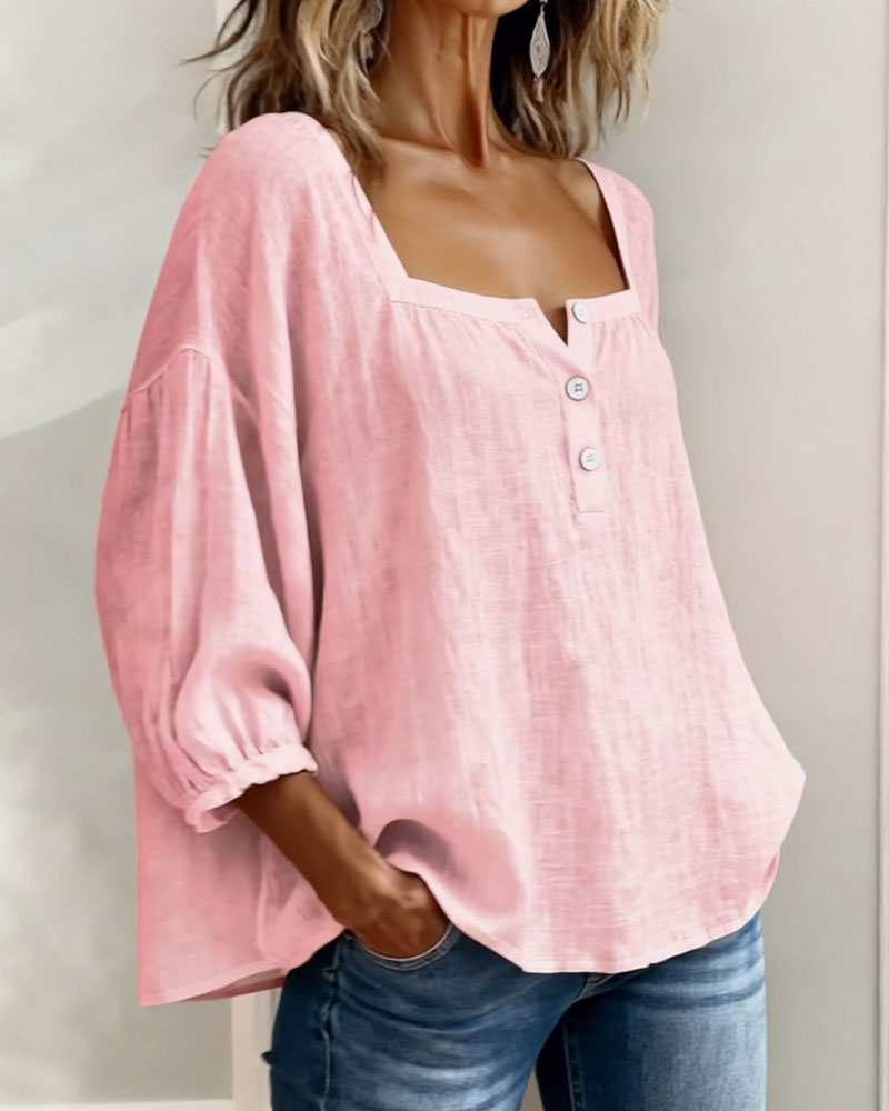 Linnen Blouse met Vierkante Hals