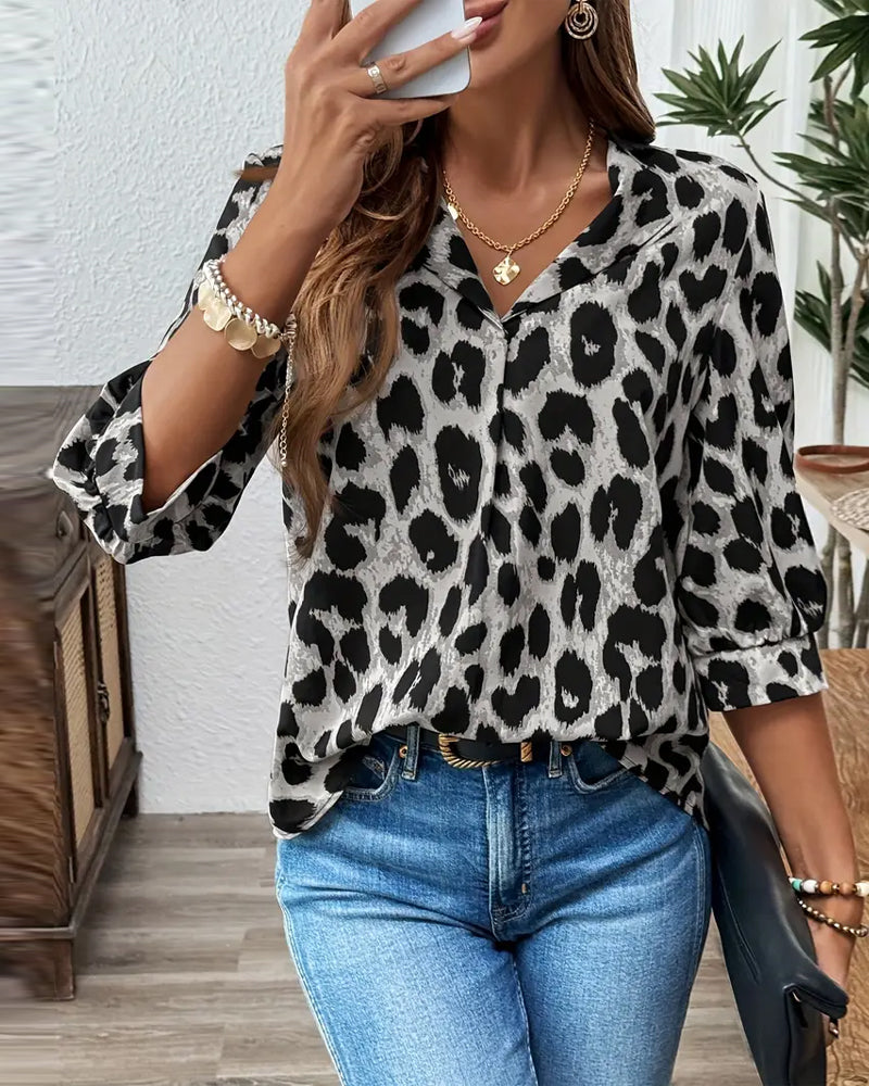 Luipaardprint Blouse met Halflange Mouwen