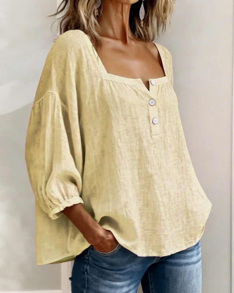 Linnen Blouse met Vierkante Hals