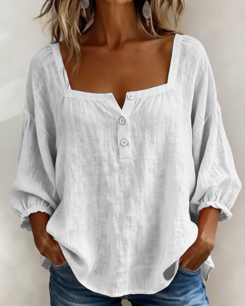 Linnen Blouse met Vierkante Hals