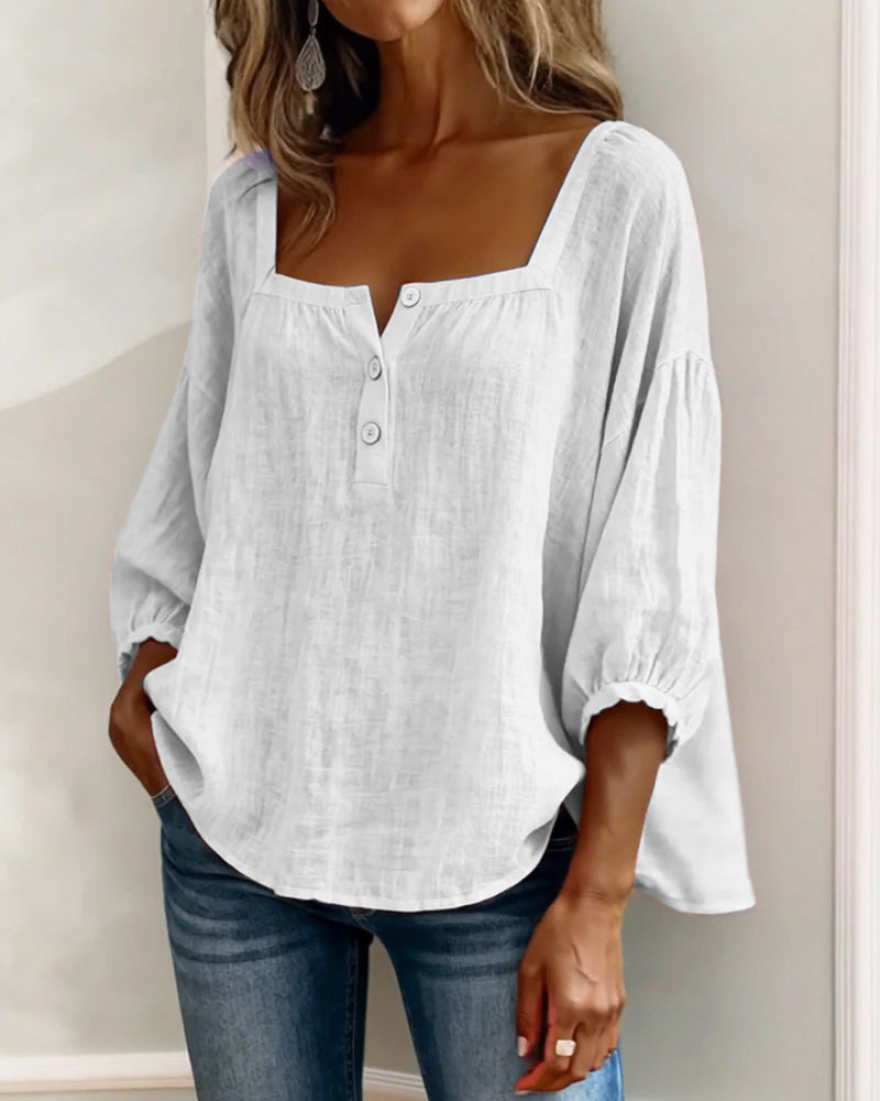 Linnen Blouse met Vierkante Hals